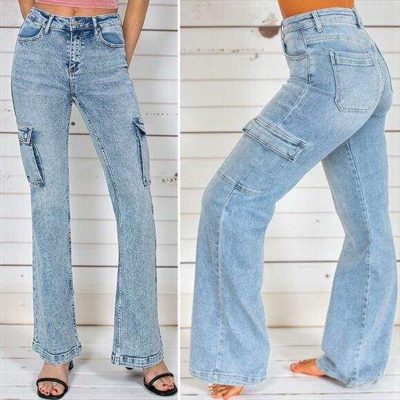 RISEN Retro Cargo High-Rise Slim Flare Tapered Acid Wash Denim Jeans Utility Pan - Picture 6 of 10